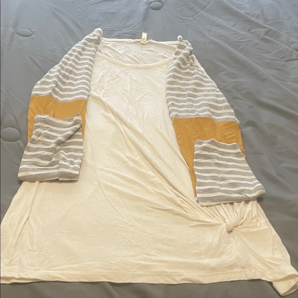 Striped Gray and Yellow Cardigan with Cream Top